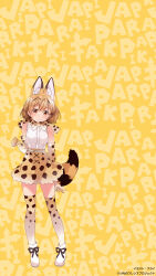 Rule 34 | 1girl, absurdres, animal ears, blonde hair, bow, bowtie, cat ears, cat girl, cat tail, elbow gloves, extra ears, fly (marguerite), gloves, highres, kemono friends, looking at viewer, official art, official wallpaper, serval (kemono friends), serval print, shirt, shoes, short hair, simple background, skirt, sleeveless, sleeveless shirt, solo, tail, thighhighs, yellow background, yellow eyes