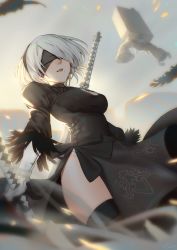 Rule 34 | 1girl, arms at sides, backlighting, black dress, black gloves, black thighhighs, blindfold, blurry, breasts, cleavage cutout, clothing cutout, covered eyes, cowboy shot, dress, dutch angle, feathers, from below, gloves, grey sky, hairband, highres, katana, lanzi (415460661), leotard, medium breasts, mole, mole under eye, motion blur, nier (series), nier:automata, outdoors, panties, panty peek, parted lips, pod (nier:automata), puffy sleeves, robot, short hair, side slit, signature, silver hair, skindentation, sky, smoke, sword, sword behind back, thighhighs, underwear, vambraces, weapon, white leotard, 2b (nier:automata)