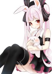 Rule 34 | 1girl, absurdres, animal ears, armband, black bow, black dress, black thighhighs, bow, dress, feet out of frame, hair bow, highres, holding, holding stuffed toy, long hair, omochi art753, rabbit ears, red eyes, simple background, sitting, sleeveless, solo, stuffed animal, stuffed rabbit, stuffed toy, thighhighs, tomari mari, tomari mari channel, virtual youtuber, white background, white hair