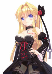 Rule 34 | 1girl, bad id, bad pixiv id, blonde hair, blue eyes, bra, breasts, choker, corset, cross, detached sleeves, earrings, flower, garter straps, hair flower, hair ornament, hand on own hip, heart, heart-shaped pupils, heart tattoo, highres, jewelry, long hair, mvv, necklace, original, panties, rancy, simple background, solo, symbol-shaped pupils, tattoo, underwear, white background