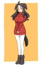 Rule 34 | 1girl, ahoge, animal ears, black footwear, black hair, boots, breasts, chocolat c cognac (muu), closed mouth, commentary request, dog ears, dog girl, dog tail, flying sweatdrops, forehead, full body, highres, large breasts, long hair, long sleeves, looking at viewer, muu (mumumer), orange background, original, own hands together, pantyhose, parted bangs, red sweater, ribbed sweater, short eyebrows, sleeves past wrists, solo, standing, sweater, tail, thick eyebrows, turtleneck, turtleneck sweater, two-tone background, v arms, white background, white pantyhose