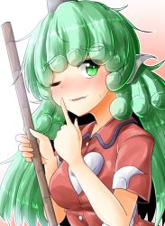 Rule 34 | 1girl, ;), blush, breasts, broom, commentary request, curly hair, eyes visible through hair, fang, fang out, gradient background, green eyes, green hair, highres, holding, holding broom, horns, index finger raised, komano aunn, long hair, medium breasts, one eye closed, oshiaki, outline, parted lips, red background, red shirt, shirt, short sleeves, single horn, smile, solo, sweat, thick eyebrows, touhou, upper body, wavy mouth, white background, white outline, wing collar
