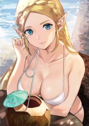 Rule 34 | 1girl, adjusting hair, bare shoulders, beach, bikini, blonde hair, blue eyes, blush, braid, breasts, cleavage, closed mouth, cocktail umbrella, coconut, collarbone, commentary, crown braid, day, drinking straw, forehead, french braid, hand up, highres, j@ck, large breasts, long hair, looking at viewer, nintendo, ocean, outdoors, pointy ears, princess zelda, sitting, skindentation, smile, solo, swimsuit, the legend of zelda, the legend of zelda: breath of the wild, upper body, water, white bikini