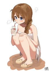 Rule 34 | 1girl, animal slippers, baba konomi, bare arms, bare legs, bare shoulders, bendy straw, blue eyes, blush, bottle, braid, brown footwear, brown hair, cat slippers, collarbone, commentary, dated, drinking, drinking straw, full body, hair between eyes, hair over shoulder, highres, holding, holding bottle, idolmaster, idolmaster million live!, idolmaster million live! theater days, knees up, long hair, milk bottle, myeolchi, naked towel, signature, single braid, slippers, solo, squatting, sweat, towel, white background, wooden floor