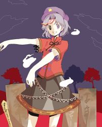 Rule 34 | 1girl, ame (amemgmgmg), bad id, bad pixiv id, female focus, ghost, grin, miyako yoshika, outstretched arms, plant, smile, solo, standing, tombstone, touhou, tree, zombie pose