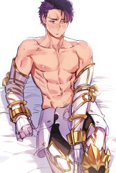 Rule 34 | 1boy, abs, absurdres, arm support, armored boots, blush, boots, collarbone, fate/grand order, fate (series), gauntlets, grand dobu, highres, lancelot (fate/grand order), looking away, lying, male focus, navel, nipples, on bed, purple hair, simple background, solo, sweat, toned, toned male, white background