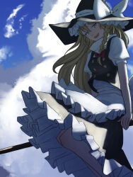 Rule 34 | 1girl, absurdres, apron, black hat, black vest, blonde hair, blue sky, blush, braid, breasts, broom, broom riding, buttons, cloud, commentary request, frilled apron, frills, hair ribbon, hat, hat ribbon, highres, kirisame marisa, large breasts, long hair, looking at viewer, open mouth, puffy short sleeves, puffy sleeves, red ribbon, ribbon, shirt, short sleeves, sidelocks, single braid, sky, solo, syosinge, touhou, tress ribbon, turtleneck, vest, waist apron, white apron, white ribbon, white shirt, witch hat, yellow eyes