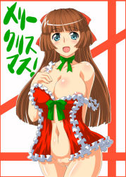 Rule 34 | 1girl, areola slip, bare shoulders, blue eyes, breasts, brown hair, christmas, curvy, female focus, hair ornament, hair ribbon, huge breasts, long hair, navel, no panties, open clothes, open mouth, original, pussy, ribbon, santa costume, solo, soubee1, standing, translated, uncensored