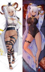 Rule 34 | 1girl, animal ears, arknights, arm up, bed sheet, black gloves, breasts, carnelian (arknights), coat, dakimakura (medium), dark-skinned female, dark skin, from above, gloves, goat ears, goat girl, goat horns, grey hair, highres, horns, infection monitor (arknights), large breasts, long sleeves, looking at viewer, lying, multiple views, navel, on back, open clothes, open coat, red eyes, sheet grab, short hair, stomach, thighlet, white coat, z.taiga