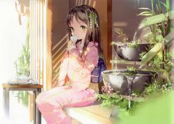 Rule 34 | 1girl, absurdres, anmi, bamboo, blurry, brown hair, cup, day, depth of field, drinking, eyelashes, green eyes, hair ornament, highres, holding, japanese clothes, kimono, long hair, long sleeves, outdoors, plant, scan, sitting, sleeves past wrists, sparkle, teapot, very long hair, water, yunomi