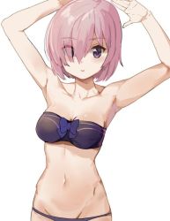 Rule 34 | 1girl, armpits, arms up, bandeau, bare arms, bare shoulders, bikini, black bikini, black bow, bow, breasts, c:, closed mouth, collarbone, eyes visible through hair, fate/grand order, fate (series), female focus, groin, hair over one eye, light purple hair, looking at viewer, mash kyrielight, medium breasts, navel, neck, purple eyes, short hair, shovelwell, simple background, smile, solo, standing, strapless, strapless bikini, swimsuit, type-moon, white background