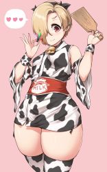 Rule 34 | 1girl, absurdres, aki (sangetusei), animal print, bell, blush, breasts, cow print, curvy, detached sleeves, earrings, hair over one eye, highres, idolmaster, idolmaster cinderella girls, japanese clothes, jewelry, kimono, long hair, neck bell, paddle, pink background, red eyes, shirasaka koume, short hair, simple background, small breasts, smile, solo, thick thighs, thighhighs, thighs, wristband
