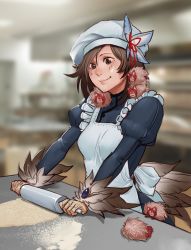 Rule 34 | 1girl, :3, animal hands, apron, blurry, blurry background, brown eyes, brown hair, commentary, commission, feather hair ornament, feathers, flour, hair ornament, hat, highres, juliet sleeves, kikimora (monster girl encyclopedia), less, long hair, long sleeves, maid, manticore (monster girl encyclopedia), mofucore, monster girl, monster girl encyclopedia, puffy sleeves, rolling pin, smile