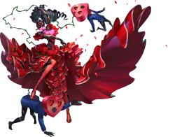 Rule 34 | 1girl, 2boys, black choker, black gloves, black hair, bow, bowtie, breasts, carmen (persona 5), choker, cigar, colored skin, dress, flower, gloves, highres, large breasts, long dress, mask, multiple boys, official art, pantyhose, persona, persona 5, persona 5 scramble: the phantom strikers, petals, pink skin, red dress, red flower, red petals, red rose, rose, rose petals, simple background, transparent background, twintails, yellow eyes