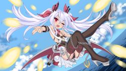 Rule 34 | 1girl, anchor, azur lane, bikini, bikini top only, black panties, black thighhighs, blue sky, blush, chain, cloud, day, detached collar, fang, flat chest, garter straps, hair between eyes, hair ribbon, highres, long hair, looking at viewer, nokia (harusion), one eye closed, open mouth, panties, red eyes, ribbon, silver hair, sky, solo, swimsuit, thighhighs, twintails, underwear, vampire (azur lane), water, wings