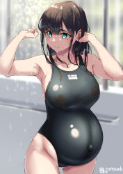 Rule 34 | 1girl, black hair, black one-piece swimsuit, jonsun, navel, nipples, one-piece swimsuit, pregnant, protruding navel, swimsuit, tagme