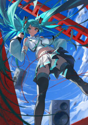 Rule 34 | 1girl, absurdres, alternate breast size, aqua eyes, aqua hair, bare shoulders, black footwear, black skirt, blue sky, boots, breasts, cable, chinese commentary, closed mouth, clothing cutout, commentary, crop top, day, detached sleeves, floating hair, from below, hand on own hip, hatsune miku, headset, highres, holding, holding microphone, long hair, long sleeves, looking at viewer, looking down, medium breasts, microphone, midriff, navel, outdoors, shoulder cutout, skirt, sky, smile, speaker, thigh boots, thighhighs, twintails, v-shaped eyebrows, very long hair, vocaloid, wind, wow+, zettai ryouiki