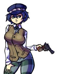Rule 34 | 1girl, atlus, blue eyes, blue hair, breasts, cabbie hat, contrapposto, cubesona, gun, handgun, hat, large breasts, matching hair/eyes, megami tensei, pants, persona, persona 4, pistol, revolver, shin megami tensei, shirogane naoto, short hair, solo, standing, striped clothes, striped pants, vest, weapon