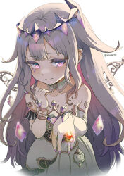 Rule 34 | 1girl, bare shoulders, black corset, blush, chest jewel, circlet, closed mouth, collarbone, colored inner hair, corset, detached collar, double-parted bangs, dress, gem, grey hair, hair flaps, hair ornament, hand jewel, highres, hololive, hololive english, jewel under eye, koseki bijou, koseki bijou (1st costume), long hair, looking at viewer, multicolored hair, pink hair, purple eyes, ring pop, simple background, solo, strapless, strapless dress, twitter username, very long hair, vinhnyu, virtual youtuber, white background, white dress