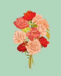 Rule 34 | blue background, bouquet, commentary, english commentary, flower, highres, leaf, libbyframe, no humans, original, peony (flower), pink flower, plant, red flower, rose, signature, simple background, still life