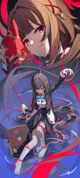 Rule 34 | 2girls, :d, absurdres, arm up, bag, black jacket, black skirt, blazer, blue bow, blue bowtie, bow, bowtie, brown hair, closed eyes, closed mouth, collared shirt, crying, crying with eyes open, dual persona, fox mask, from side, full body, grin, hair bow, hair intakes, hair ornament, hairclip, hapwind, highres, holding, holding mask, honkai: star rail, honkai (series), in water, jacket, knee up, kneehighs, long hair, looking at viewer, mask, miniskirt, multiple girls, no shoes, open clothes, open jacket, open mouth, pink eyes, pleated skirt, puppet strings, red bow, restrained, ripples, school bag, school uniform, shirt, sidelocks, sitting, skirt, smile, socks, sparkle (honkai: star rail), straight hair, streaming tears, tears, teeth, twintails, white shirt, white socks