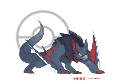 Rule 34 | animal focus, artist name, claws, commentary, creatures (company), crossover, dragon, english commentary, facebook logo, facebook username, fakemon, from side, full body, game freak, highres, instagram logo, instagram username, monster hunter (series), nargacuga, nintendo, no humans, pixiv logo, pixiv username, poke ball, pokemon, pokemon (creature), simple background, smile, solo, standing, twitter logo, twitter username, wavy mouth, white background, wyvern, xezeno, yellow eyes, yellow pupils