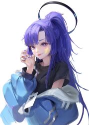 Rule 34 | 1girl, black halo, black shirt, blue archive, blue jacket, fingernails, gym uniform, halo, highres, id card, jacket, jacket partially removed, lanyard, lizchief, long hair, long sleeves, looking at viewer, mechanical halo, nail polish, off shoulder, official alternate costume, ponytail, purple eyes, purple hair, purple nails, sharp fingernails, shirt, short sleeves, simple background, solo, star sticker, sticker on face, two-sided fabric, two-sided jacket, two side up, unzipped, white background, yuuka (blue archive), yuuka (track) (blue archive)