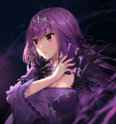 Rule 34 | 1girl, artist name, black feathers, black ribbon, blush, breasts, cleavage, collar, dress, fate/grand order, fate (series), feather trim, feathers, hair ornament, hair ribbon, light blush, long hair, long sleeves, looking afar, medium breasts, nail polish, pink nails, purple dress, purple hair, red eyes, ribbon, rosuuri, scathach (fate), scathach skadi (fate), upper body, wide sleeves
