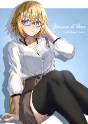 Rule 34 | 1girl, absurdres, alternate costume, black thighhighs, blonde hair, blue-framed eyewear, blue eyes, blush, braid, braided ponytail, brown skirt, character name, closed mouth, collarbone, copyright name, dress shirt, fate/apocrypha, fate/grand order, fate (series), glasses, hair between eyes, hand in own hair, highres, jeanne d&#039;arc (fate), jeanne d&#039;arc (ruler) (fate), long hair, long sleeves, miniskirt, ponytail, shirt, sitting, skirt, smile, solo, thighhighs, toukan, very long hair, white shirt, zettai ryouiki