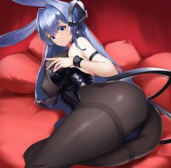 Rule 34 | 1girl, animal ears, arm strap, ass, azur lane, black pantyhose, blue eyes, blue hair, blue leotard, breasts, cameltoe, cleavage, closed mouth, commentary, covered erect nipples, cowboy shot, fake animal ears, hair between eyes, headpiece, highres, large breasts, leotard, light smile, long hair, looking at viewer, lying, nevin (flyskying), new jersey (azur lane), new jersey (exhilarating steps!) (azur lane), official alternate costume, on side, pantyhose, pillow, playboy bunny, rabbit ears, see-through, see-through cleavage, sleeveless, solo, sweatband, symbol-only commentary, thick thighs, thighband pantyhose, thighs, wristband
