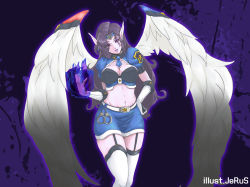 Rule 34 | 1girl, black hair, breasts, cleavage, cuffs, curvy, female focus, gloves, handcuffs, large breasts, league of legends, long hair, looking at viewer, midriff, morgana (league of legends), navel, pointy ears, police, police uniform, policewoman, purple eyes, simple background, solo, thick thighs, thighhighs, thighs, trombe, uniform, white thighhighs, wide hips