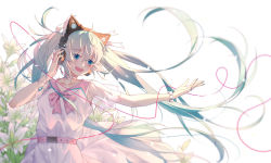 Rule 34 | 1girl, aqua hair, blue eyes, breasts, collarbone, commentary request, dress, floating hair, flower, ginklaga, hatsune miku, headphones, highres, long hair, red ribbon, ribbon, see-through, small breasts, solo, teeth, twintails, upper teeth only, very long hair, vocaloid, white dress, white flower
