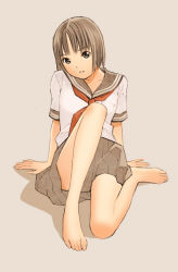 Rule 34 | 1girl, barefoot, feet, original, school uniform, short hair, simple background, solo, toes, yoshitomi akihito