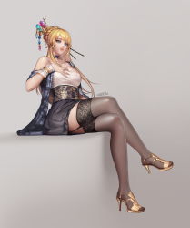 Rule 34 | 00s, 1girl, artist name, bare shoulders, black skirt, black thighhighs, blonde hair, braid, braided bun, breasts, choker, crossed legs, crystal, dungeon and fighter, elsword, eyelashes, female gunner (dungeon and fighter), floral print, full body, garter straps, gradient background, grey background, hair bun, hair ornament, hair stick, hand on breast, high-waist skirt, high heels, highres, invisible chair, korean clothes, large breasts, long hair, looking at viewer, looking to the side, monaim, parted lips, revision, rose (elsword), shiny clothes, shoes, sitting, skirt, solo, strapless, swept bangs, thighhighs, yellow footwear, zettai ryouiki