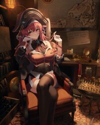 Rule 34 | 1girl, absurdres, ascot, black jacket, black thighhighs, bookshelf, bottle, breasts, brooch, candle, chair, chess piece, chessboard, cleavage, closed mouth, coin, covered navel, cropped jacket, desk, elbow rest, globe, gloves, gold coin, hat, hat feather, heterochromia, highres, hololive, hourglass, houshou marine, houshou marine (1st costume), indoors, ink bottle, jacket, jewelry, large breasts, light particles, long hair, map, miniskirt, multicolored clothes, multicolored jacket, pekoku (tamago sushi), pirate hat, pleated skirt, plume, red ascot, red eyes, red hair, red jacket, red skirt, see-through, see-through cleavage, ship&#039;s wheel, skirt, sleeveless, sleeveless jacket, smile, solo, thighhighs, thighs, twintails, two-tone jacket, vest, virtual youtuber, white background, white gloves, yellow eyes, zettai ryouiki