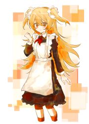 Rule 34 | 1girl, apron, black dress, blonde hair, brown eyes, closed mouth, collared shirt, commentary, dress, flat chest, flesh blood &amp; concrete, hair between eyes, hand up, highres, jiekuijiangshadaonijiamenkou, long hair, neckerchief, nika (flesh blood &amp; concrete), no nose, red neckerchief, shirt, smile, solo, symbol-only commentary, two side up, white apron