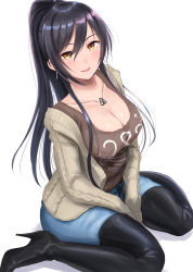 Rule 34 | 1girl, beige sweater, black footwear, black hair, blue pants, blush, boots, breasts, brown skirt, cardigan, cleavage, clothes writing, collarbone, denim, dog tags, earrings, hair between eyes, high heel boots, high heels, high ponytail, highres, idolmaster, idolmaster shiny colors, jewelry, large breasts, long hair, long sleeves, looking at viewer, necklace, open cardigan, open clothes, open mouth, pants, ponytail, shirase sakuya, shogun (a96040021), simple background, sitting, skirt, smile, solo, thigh boots, thighhighs, wariza, white background, yellow eyes