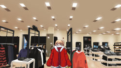 Rule 34 | 1girl, black cat, blonde hair, cat, ceiling light, clothes hanger, coat, covered mouth, flandre scarlet, fur trim, holding, holding clothes, holding coat, indoors, long sleeves, looking at viewer, pointy ears, red coat, red eyes, shirt, shop, shopping, side ponytail, solo, striped clothes, striped shirt, touhou, wide shot, yoruny