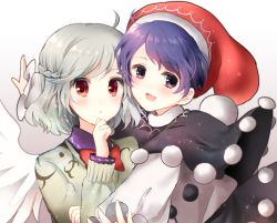 Rule 34 | 2girls, ahoge, blue eyes, blue hair, bow, bowtie, braid, doremy sweet, dress, feathered wings, grabbing another&#039;s chin, hand on another&#039;s chin, hat, highres, jacket, kishin sagume, multiple girls, nightcap, open mouth, pom pom (clothes), purple dress, red eyes, shimishimi15, short hair, silver hair, single wing, smile, touhou, white wings, wings