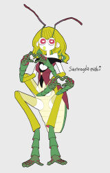 Rule 34 | 1girl, absurdres, antennae, arthropod girl, arthropod limbs, center opening, commentary request, dress, extra arms, full body, green hair, grey background, heart, heart-shaped pupils, heart hands, highres, long hair, looking at viewer, monster girl, nicoq (koikoihaihai), original, personification, red eyes, simple background, solo, stinkbug, symbol-shaped pupils