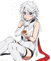 Rule 34 | 1girl, absurdres, bare shoulders, belt, black belt, blush, dated, eye mask, feet out of frame, food, grey hair, grey leotard, highres, holding, holding food, hood, hood down, hooded leotard, leotard, red eyes, short hair, shy (character), shy (series), simple background, sitting, smile, solo, sparkle, swept bangs, takatisakana, thighhighs, white background, white thighhighs
