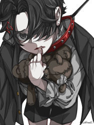 Rule 34 | 1boy, absurdres, black eyes, black hair, black shorts, coat, coat on shoulders, collar, ear piercing, earrings, finger to mouth, gakuran, grey background, grey shirt, hair ornament, hair over one eye, hairpin, highres, isumisumi, jewelry, leash, looking at viewer, male focus, one eye covered, original, parted lips, piercing, school uniform, shirt, short hair, shorts, simple background, sketch, solo, spiked collar, spikes, stuffed animal, stuffed toy, stuffing, teddy bear, teeth, white background