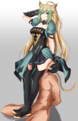 Rule 34 | 1boy, 1girl, absurdres, ahoge, animal ears, arm up, arms behind back, atalanta (fate), ball busting, bdsm, black footwear, black gloves, blonde hair, boots, breasts, cat ears, cat tail, cbt, cleavage, clothed female nude male, commentary request, commission, cum, dress, face in ass, fate/apocrypha, fate (series), femdom, gloves, gradient background, gradient hair, green eyes, green hair, grey background, hetero, highres, large breasts, long hair, looking at viewer, multicolored hair, nude, parted lips, penis, puffy short sleeves, puffy sleeves, short sleeves, sitting, sitting on face, sitting on person, skeb commission, tail, thighs, very long hair, watarase piro