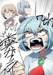 Rule 34 | absurdres, angry, ascot, blonde hair, blue eyes, blue hair, brooch, collared shirt, fangs, flandre scarlet, grey hair, highres, izayoi sakuya, jewelry, maid headdress, no headwear, open mouth, red ascot, red eyes, remilia scarlet, shirt, sotatsudraw, speech bubble, touhou, translation request