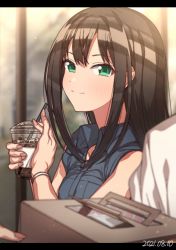 Rule 34 | 1boy, 2girls, black hair, blush, bracelet, breasts, commentary request, cup, disposable cup, drinking straw, erere, green eyes, ice, ice cube, iced coffee, idolmaster, idolmaster cinderella girls, jewelry, letterboxed, long hair, multiple girls, pastry box, shibuya rin, sleeveless, smile, solo focus