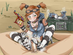 Rule 34 | 1girl, bandaid, blush, borderlands (series), borderlands 2, brown hair, cum, cum on body, cum on lower body, feet, footjob, gaige, goggles, green eyes, mechanical arms, pantyhose, penis, phb, shoes, short twintails, single mechanical arm, smell, smile, smirk, socks, soles, striped clothes, striped pantyhose, toes, twintails, uncensored, unworn shoes