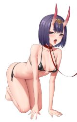 Rule 34 | 1girl, absurdres, all fours, ass, bare shoulders, bikini, black bikini, bob cut, breasts, collar, collarbone, eyeliner, fate/grand order, fate (series), headpiece, highres, horns, laan (0110), leash, looking at viewer, makeup, oni, open mouth, purple eyes, purple hair, short hair, shuten douji (fate), simple background, skin-covered horns, small breasts, solo, swimsuit, thighs, tongue, tongue out, white background
