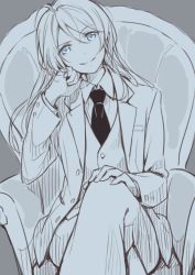 Rule 34 | 10s, 1girl, armchair, ayase eli, blue eyes, chair, formal, grin, hand on own knee, head rest, crossed legs, long hair, long sleeves, looking at viewer, love live!, love live! school idol project, monochrome, necktie, sitting, sketch, smile, solo, source request, spot color, suit, yukiiti