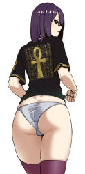 Rule 34 | 1girl, ankh, ass, bangle, black shirt, blunt bangs, blush, bracelet, brown eyes, butt crack, clothes writing, copyright request, cowboy shot, dimples of venus, egyptian, fingernails, from behind, glasses, green nails, hieroglyphics, highres, houtengeki, jewelry, long fingernails, looking back, nail polish, no pants, original, parted lips, profile, purple hair, purple thighhighs, semi-rimless eyewear, shirt, short hair, short sleeves, simple background, solo, standing, thigh gap, thighhighs, under-rim eyewear, white background
