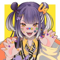 Rule 34 | 1girl, alo8chan, black hair, black vest, commentary, double bun, gradient hair, grey hair, hair bun, highres, long hair, multicolored hair, nail polish, necktie, nijisanji, purple nails, solo, sticker on face, symbol-only commentary, two side up, umise yotsuha, vest, virtual youtuber, yellow eyes, yellow nails